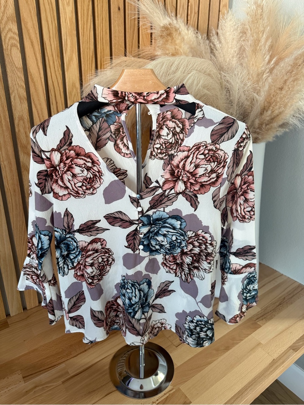 Floral Mock Neck Blouse in Pink & Blue